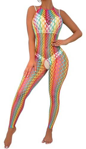 PARUPRUP Women's Rainbow Fishnet Bodysuit Mesh Catsuit Full Body Lingerie | Sexy Stretchy Sheer Bodystocking Halter Neck Clubwear One Piece Jumpsuit Rave Festival Outfit Beach Cover Up UK Size 6-14