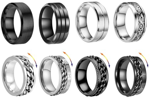 JENCVNL 8 Pcs Bague Homme en Acier Inoxydable Bague Anti Stress Argent Noir Tournante Chaîne Rock Bague Promise Bande Anneau Taille Homme Bijoux (10)