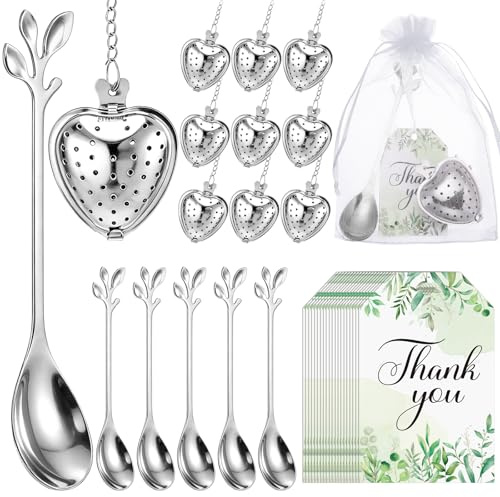 20 Sets Bridal Shower Tea Party Favours for Guests Heart Shape Tea Infuser Ball Silver Leaf Spoon Bulk with Thank You Cards Organza Bag for Wedding Souvenir Afternoon Hen Party Gifts