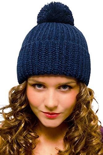 Blaue Bommelmütze Damenmütze Herrenmütze Winter Wolle Warm Blau - Mütze mit Bommel Damen Herren - Strickmütze Beanie Frauen Männer Mädchen Jungen Jugendliche - Grobstrick Wintermütze Snowboardmütze W