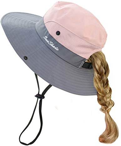 HGGE Sonnenhut für Kinder, Mädchen, UV-Schutz, breite Krempe, Strandkappe mit Pferdeschwanzloch, Pink, Einheitsgröße