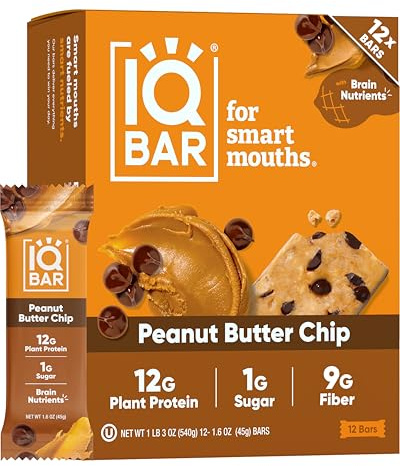 IQBAR Clean Plant Protein Bars - Peanut Butter Chip - 12 Count - Keto, Vegan, High Fiber, Gluten and Dairy Free, Low Sugar Snack - Brain and Body Nutrients for Focus, Energy, Meal Replacement