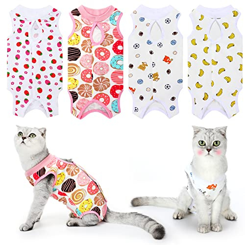 4 Pieces Cat Recovery Suits Body Wraps Breathable Kittens Recovery Clothes for Cats Small Dogs Abdominal Weaning(Banana, Football, Strawberry, Donut,M)