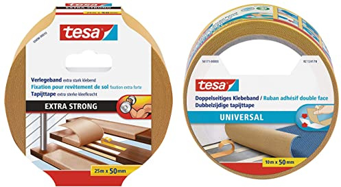 tesa Verlegeband extra stark klebend - Doppelseitiges Klebeband zum Verlegen von Teppich und PVC-Belag - 25 m x 50 mm & Doppelseitiges Klebeband Universal - Vielseitiges Klebeband - 10 m x 50 mm