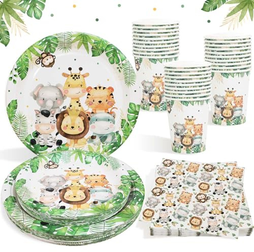 Heboland 100pcs Dschungel Safari Partygeschirr Set für 25 Gäste, wiederverwendbare Pappteller Tassen Servietten für Wild One Geburtstag Deko Junge Mädchen