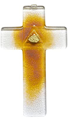 KVN Glas-Kreuz, handgefertigt, ca. 20x12cm, Auge Gottes, bernsteinfarbend