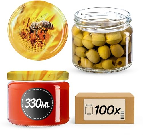 KADAX 100er Set Marmeladengläser 330ml TO82 Biene, Einmachgläser Vorratsgläser Mason Jar mit Schraubdeckel, Luftdichte Schraubgläser, Honig & Konfitüre