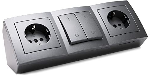 Eck-Steckdose 2-Fach Schuko und 2 Schalter, Aufbaumontage mit 15 cm Anschlusskabel und Lüsterklemme für Küchen-Arbeitsplatte, Büro, Werkstatt, 230V/ 50 HZ (schwarz/anthrazit)