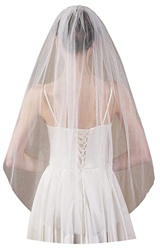 ELAWBTY 1 T Plain Glitter Tulle Veil Fingertip Length Wedding Bridal Veil F47