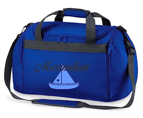 minimutz Sporttasche mit Namen | Motiv Segel-Boot Schiff | Personalisieren & Bedrucken | Reisetasche Schwimmtasche Mädchen Jungen Wasser-Sport (Royalblau)