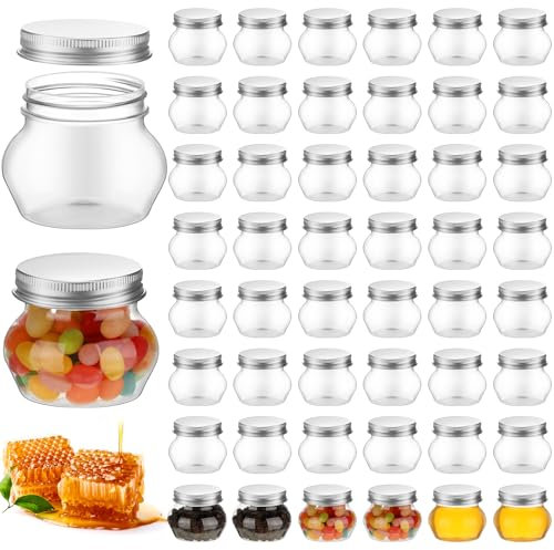 Hsei 48 Pcs 4 oz Wide Mouth Mason Jars with Lids Clear Plastic Canning Jars Mini Storage Containers Bulk for Herb Jelly Wedding Favors Shower Party Favors (Silver)