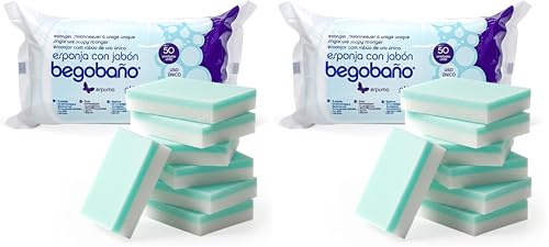 Begobaño Esponja Jabonosa Desechable. Esponja de Baño de Un Solo Uso con Gel Dermatológico e Hipoalergénico. 50 Unidades (Paquete de 2)