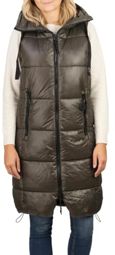 DENIMFY Chaleco acolchado largo con capucha para mujer, corte regular fit DFCaro, chaleco largo hasta la rodilla, outdoor, con cremallera, bolsillos, otoño, invierno, beige, negro, verde, S, M, L, XL