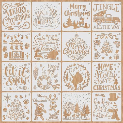 Zayookey 16 Stück Weihnachten Malerei Schablonen Schneemann Weihnachtsbaum Schneeflocke Malschablonen Wiederverwendbar Groß Zeichenschablonen für Wand Malen Geschenkkarten Heimdekoration