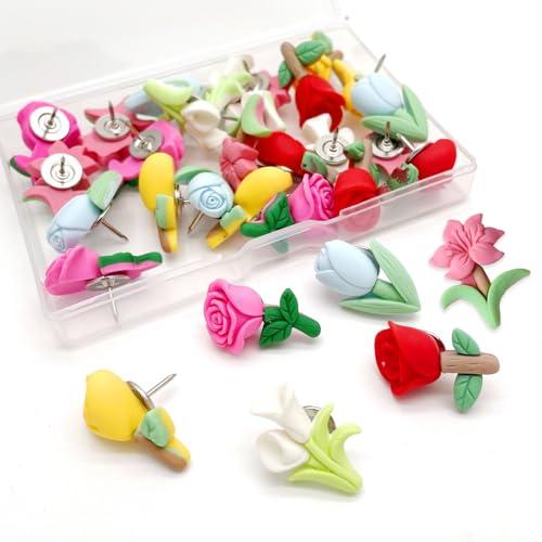 Pinnwand Stecknadeln, 30 Stück Blumen Reiszwecknadeln Dekorative Reißzwecken Reißnägel Bunt Pinnnadeln Harz Pinnwandnadeln Deko Pinnadeln Zubehör mit Kunststoffbox für DIY