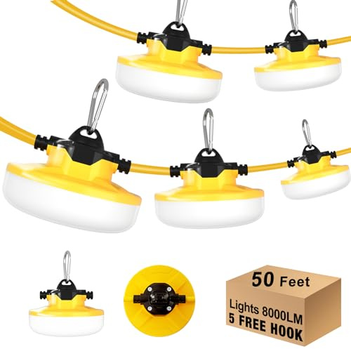 JC-LGL LED Construction String Light 50FT, 65W 8000Lm Industrial LED String Work Lights with 5 Bulbs, 5000K Linkable Work Lights Temporary Lighting for Construction Site, Job Site, Attic, Crawl Space
