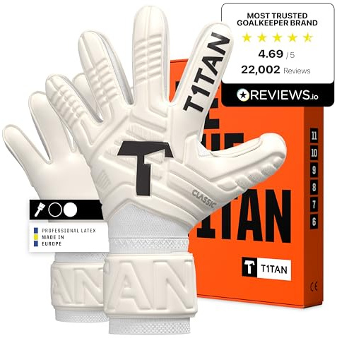 T1TAN Training Torwarthandschuhe Kinder, Herren Classic White Out, Fingerschutz Gr. 4-11, Torhüterhandschuhe Erwachsene, Tormannhandschuhe Jugendliche, Torwarthandschuhe Kinder, 5-15+ Jahre
