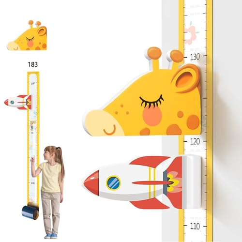 Baby Messlatte Höhe Diagramm für Kinderziemmer Dekoration, 3D beweglicher Giraffenkopf Höhenmesser Kindergarten Tier Wandabziehbild,Kinder Höhe Maßnahme