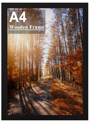 A4 Picture Frame, Wooden Photo Frame, Versatile Black Frame with Safe Perspex Front & Wall Hanging Hooks - For Display, Landscape or Portrait Orientation, Wall-Mount & Desk Stand