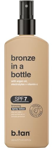 b.tan SPF 7 Sun Tanning Lotion Spray | Bronze In a Bottle - Best Tan Intensifier, Browning Outdoor Bronzing Accelerator, Packed with Argan Oil, Electrolytes, & Vitamin C, Austrailian Brand, 8.45 Fl Oz