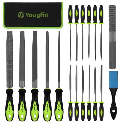 Yougfin 19 pcs File Set, Includes 5 pcs Large Steel Files, 12 pcs Jewelers File Set and Wire Brushes Ideal Hand File Tools for Woodwork, Metal, Model Applications