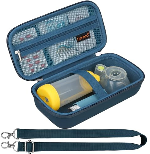 Canboc Custodia inalatore di asma, distanziatore portatile per adulti e bambini, maschera, distanziatore inalatore con tracolla rimovibile, tasca a rete Medicine o Essentials, Blu