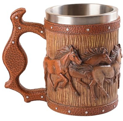 LAUGOKOBE Bierkrug aus Holz, 590 ml, Edelstahl, Pferde-Bierkrug, Kaffeetasse, Pferde-Liebhaber, Geschenke für Geburtstag, Weihnachten, Renaissance-Zubehör, Halloween-Party, Dekoration, Trinkgeschirr,