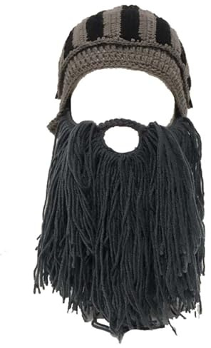 WUODHTW Kreative Barbaren-Strickmütze mit Bartmütze, lustige Perücke, Beanie-Mütze, Rittermütze, Halloween-Party, Wikingerhörner, Bartmütze, Skimütze