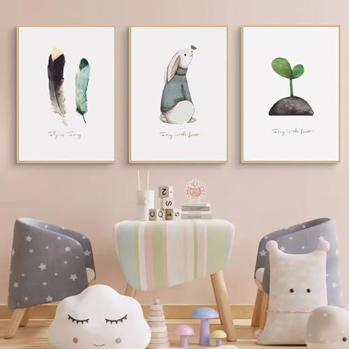 Viusneun 3er Set Poster, Aesthetic Feder Wandposter Niedliche Sprossen Wandbilder Kaninchen Aquarell Leinwandbilder Ohne Rahmen Kunstposter Deko für Kinderzimmer Babyzimmer (21 x 30 cm)