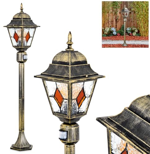 HOFSTEIN Wegeleuchte Chatelain, Außenwegeleuchte mit Bewegungsmelder aus Metall/Glas in Schwarz/Gold/Klar/Bernstein, Wegelampe im Antik/Landhaus/Retro-Design für Garten, Außenbereich, 102cm, E27, IP44