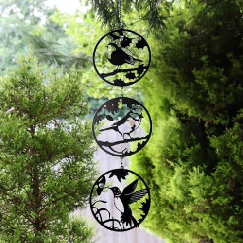 Bird Hanging Silhouette Trio Spinner - Metal Black 3 Robin Hummingbird Wind Tree Hanger - Magical Garden Ornament - Magic Gifts Mum Birthday