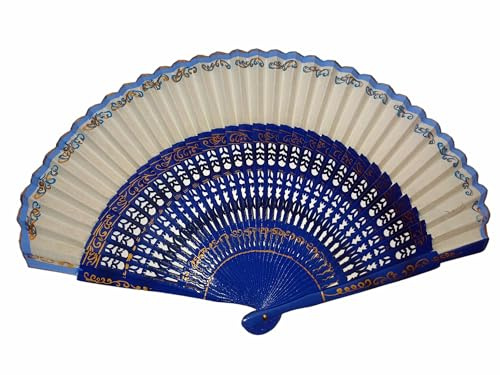 Abanicos Taberner Abanico Azulina de Madera de Abedul Lacado, 23 cm, Decoración Azul y Dorada a Mano