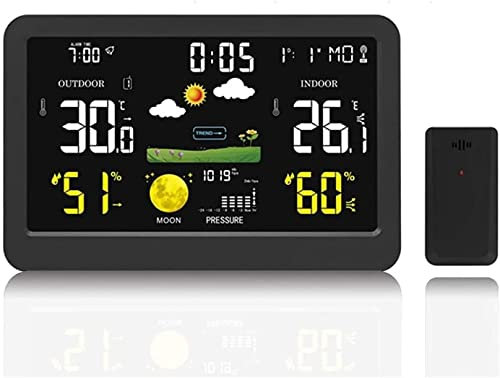 WEYFH Estación meteorológica inalámbrica para Interiores y Exteriores, termómetro con Reloj atómico, Pantalla Grande a Color, Estaciones meteorológicas Digitales, termómetro con Despertador