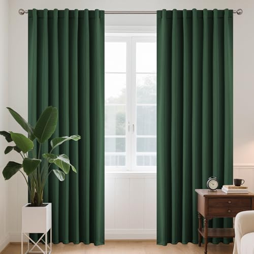 Joydeco Gardinen Blickdichte Vorhänge mit Schlaufen Verdeckten Dunkelgrün | 2er Set,H260 x B140 cm,Verdunklungsvorhänge für Schlafzimmer und Wohnzimmer,Hitzeschutz Thermovorhang,UV-schutz