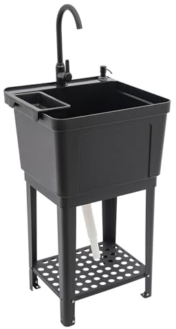 Space Saver Utility Sink Laundry Tub, Freestanding Plastic Laundry Sink with Hot&Cold Faucet and Storage Rack, Compact Shop Sink Ideal for Laundry Room,Garage,Pet Wash Station19.7*18.9*33inch, Black