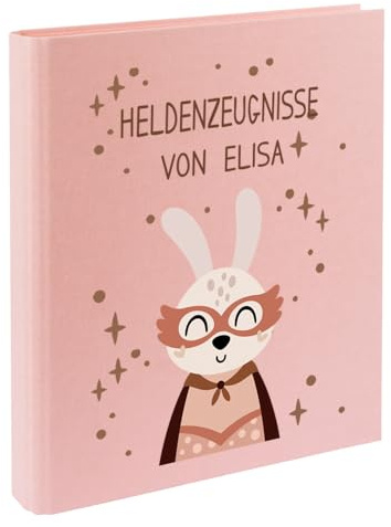Zeugnismappe mit Namen personalisiert aus Leinen Schulkind Geschenk zur Einschulung Motiv Superheld (Rosa, Hase)