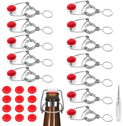 [12+12] 18mm Swing Top Glass Bottle Caps Flip Top Beer Bottle Cap Beer Bottle Airtight Lids Leakproof Easy Cap Swing Top Beer Bottle Cap 12 Swing Cap with Replacement Silicone Gaskets