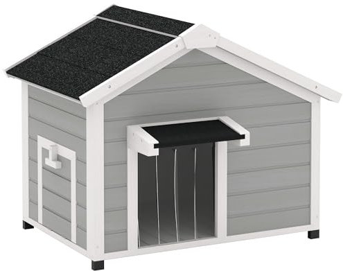 PawHut Dog House Wooden Dog Kennel Outdoor with Openable Asphalt Roof, Removable Floor, Door Curtain, Elevated Feet, for Medium Breeds, Light Grey