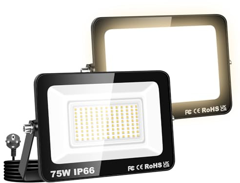 Willpower 2 st LED-strålkastare för utomhusbruk med uttag, LED-spotlight 75 W, 7 500 LM, 3 500 K, varmvit, IP66, vattentät belysning, säkerhetsljus för trädgård, uteplats, garage, terrass, hem