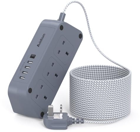 Gray Extension Lead with USB Slots，6 Way Outlets 5 USB(5A, 1 USB- C and 4 USB-A Port) with 1.6M Braided Extension cord, 3250W Overload Protection，Security Surge Protection Plug Extension Socket
