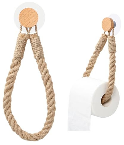 WUSJCOF Porta Carta Igienica da Parete Autoadesivo Bagno, Legno e da Muro, Senza Bisogno di Forare, in Corda di Canapa Stile Vintage con Legno Naturale, Decorazione Bagno