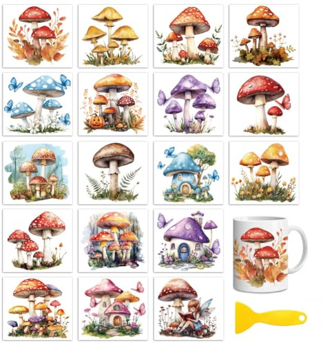 Peacoblue Rub on Transfers for Crafts,18 Sheets 3.9 x 3.6 Inch Watercolor Decals Transfer Stickers Mushroom for DIY Glass Cup