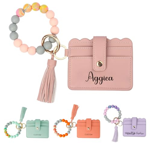 NGTSFLY Personalisierte Silikon-Armband Leder Schlüsselanhänger Kartenportmonai Damen mit Name Handgelenkstasche Kartenhalter Slim RFID Wallet mit Reissverschlusstasche (Individueller Text)