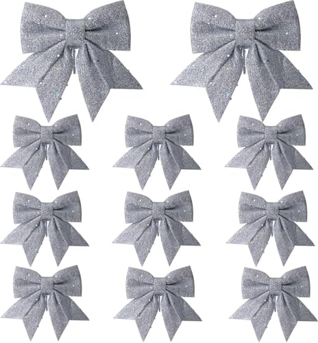12 Stück Silber Schleifen Weihnachten Glitzer Weihnachtsbaum Schleifen Weihnachtsbaumschmuck für Familienfeiern Party Dekoration für Weihnachten Urlaub Hochzeit Feierlichkeite