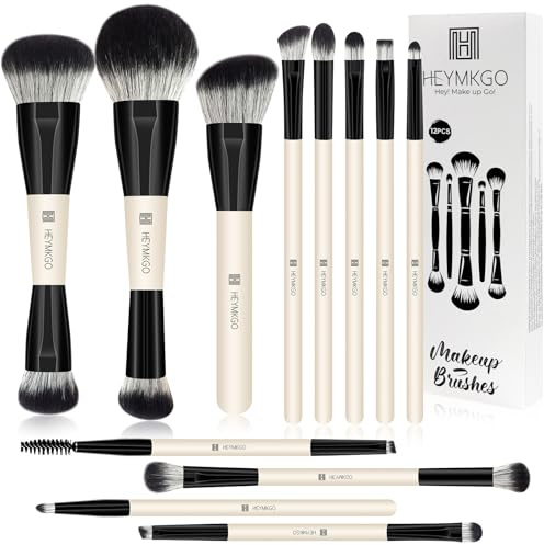 HEYMKGO Makeup Brushes 12PCS Double Ended Makeup Brush Set Professional Premium Synthetic Foundation Powder Contour Blush Blending Eyebrow Brush Eyeshadow Eyeliner Concealer Brush w/Storage Bag