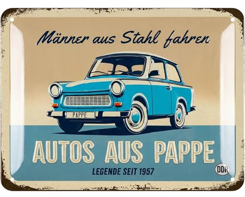 LANOLU Blechschild TRABANT, DDR Geschenke für Männer, Trabi Geschenke, Ossi DDR Produkte Haushalt passend für DDR Geschenkbox 15x20 cm
