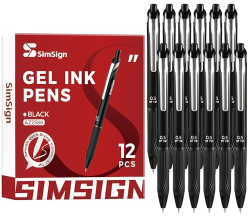 SimSign Gel Pens Black Ink 0.5mm for Writing, Smooth & Quick-Drying, Fine Tip Pens Multipack, Ideal for School & Office, 12 Pack