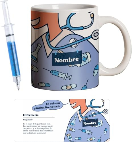 PROMO SHOP - Taza Original Personalizada con Nombre, Pack Regalo con Bolígrafo Jeringuilla (No Personalizado), Tazas de Regalo de Medicina, Tazas Profesiones de Salud, Taza de Desayuno, Diseño Único