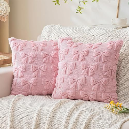 2 stycken plyschörngott 45 x 45 cm rosett örngott rosa, örngott aesthetiska dekorativa kuddfodral, boho dekorationskudde örngott för vardagsrum, sovrum, kontor, balkong, soffa