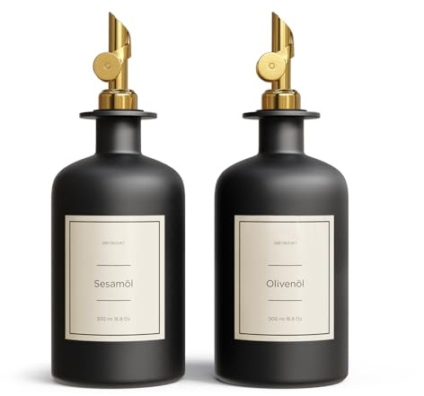 Greymount Lot de 2 bouteilles d'huile et de vinaigre - 500 ml - En verre - Avec bec verseur doré - Pour huile d'olive, vinaigre et plus encore - Parfait pour la cuisine, les salades et le barbecue